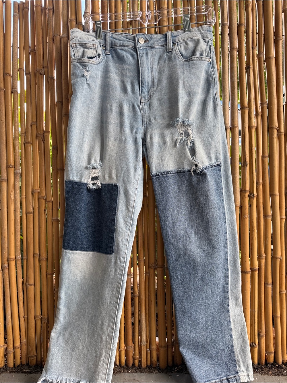Straight Leg Patchwork Light Blue Jeans for Women